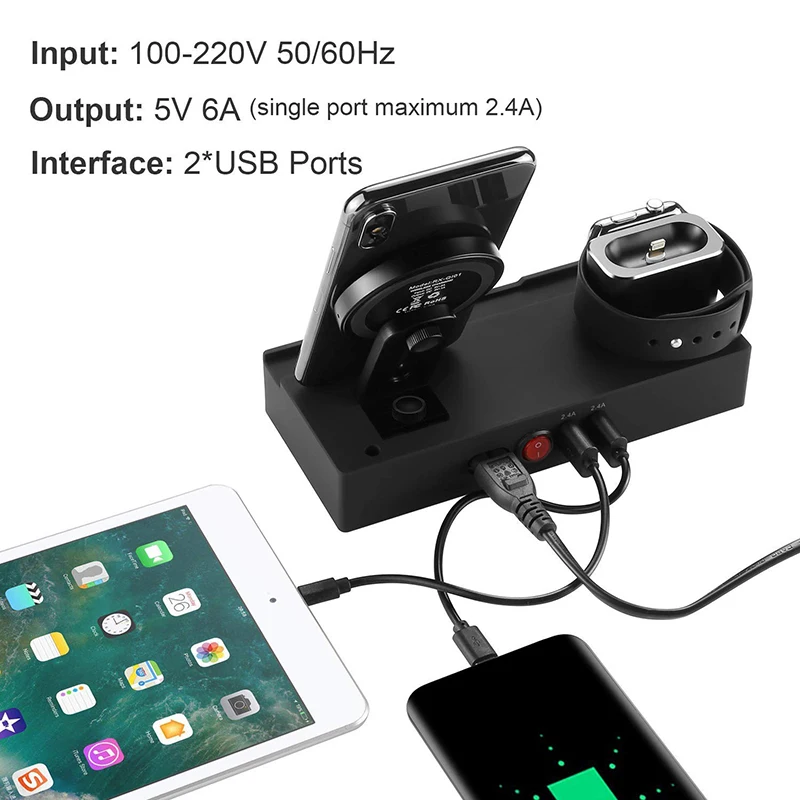 USB зарядное устройство док-станция Многофункциональная Ночная подставка QI Беспроводное зарядное устройство для Iphone samsung зарядное устройство Подставка для Airpods AppleWatch