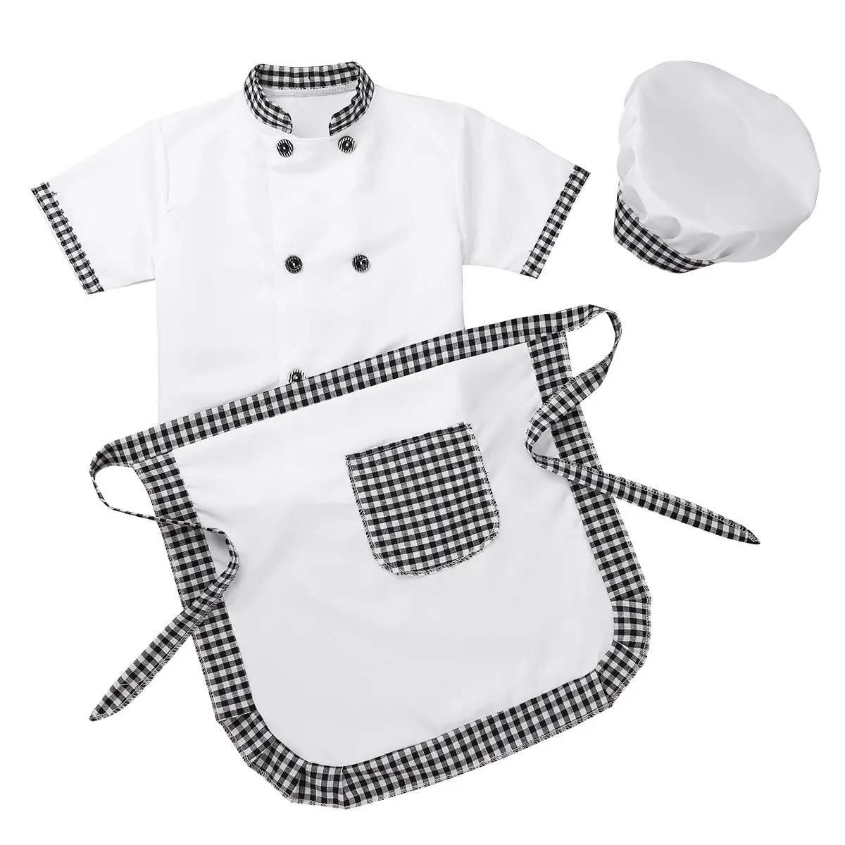 Unisex Boy Girls Chef Cosplay Costume Short Sleeves Jacket with Apron Cap Outfit Kitchen Cook Halloween Party Role Play Costume