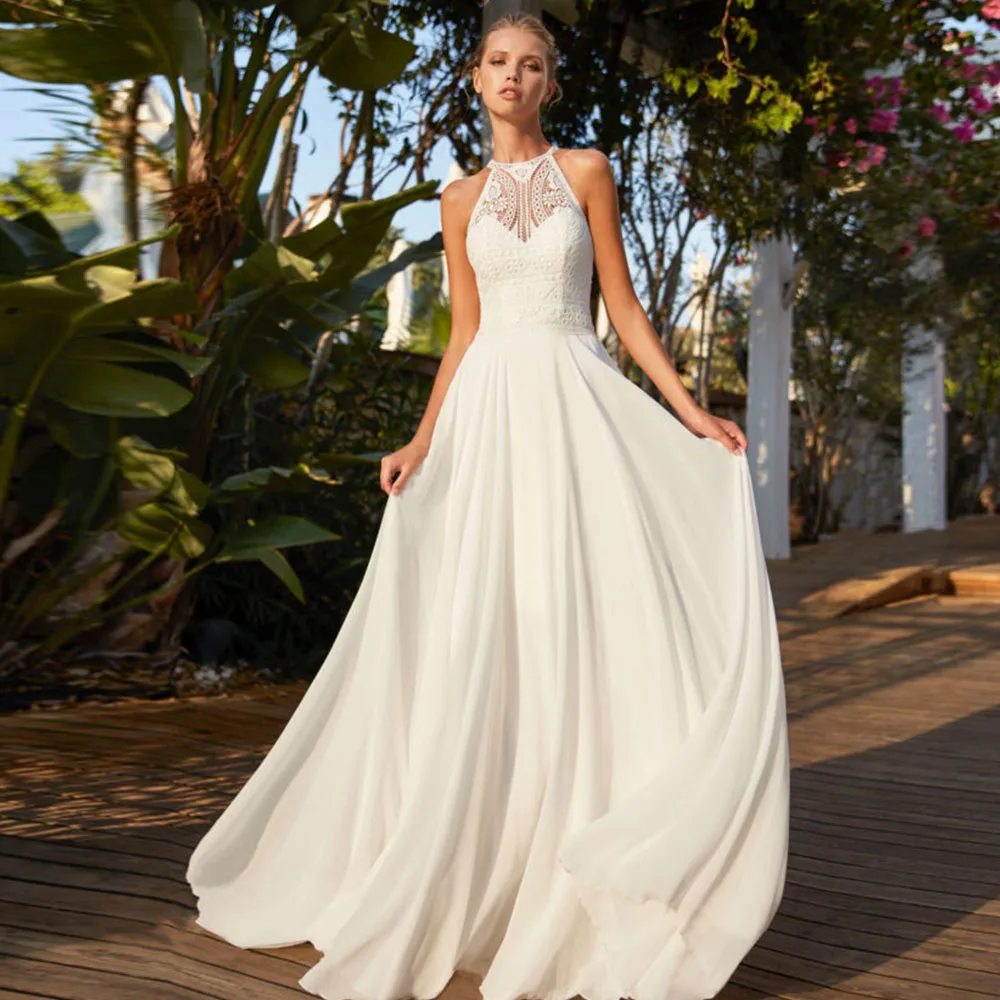 Halter Lace Wedding Dresses Sexy Illusion Sleeveless A-Line Chiffon Bridal  Gowns | eBay