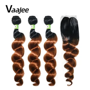 VAAJEE-extensiones de pelo ondulado para mujeres negras, mechones de pelo ondulado con cierre sintético, 30 pulgadas, ombré, Marrón Natural
