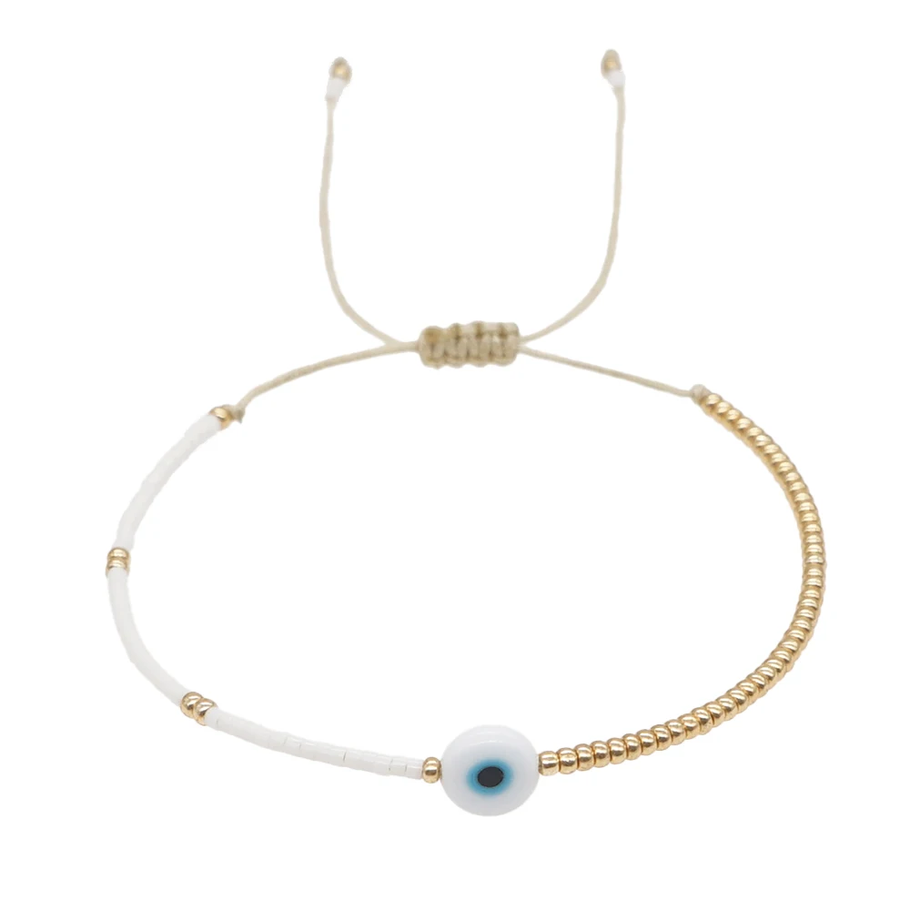 Go2BoHo Eye Bracelet Miyuki Dainty Tiny Beaded Simple Bracelets for Women Fashion Jewelry Gold White Color Adjustable Rope
