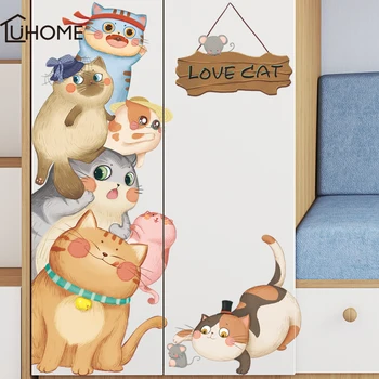 

Cute Cats Catching Mouse Wall Sticker Vinyl DIY Animals Door Stickers for Kids Room Kindergarten Living Room Art Decoration