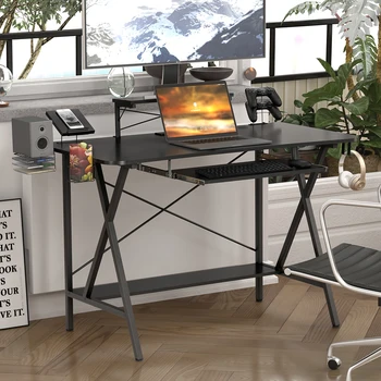 

Professional E-Sport Gamer Table Workstation with Cup Holder Headphone Holder & Built-in Power Strip for Home Office Black