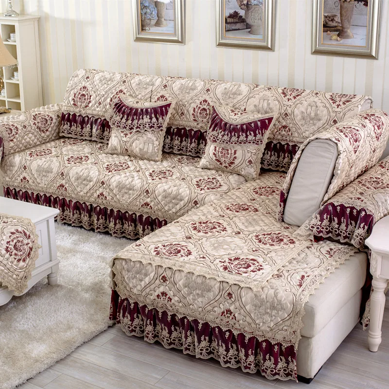 Wine Red Европейский диван подушка диване покрытие четыре сезона общие Нескользящие жаккардовые диванные полотенца простые современные кружева Полотенце Для Волос - Цвет: Wine Red