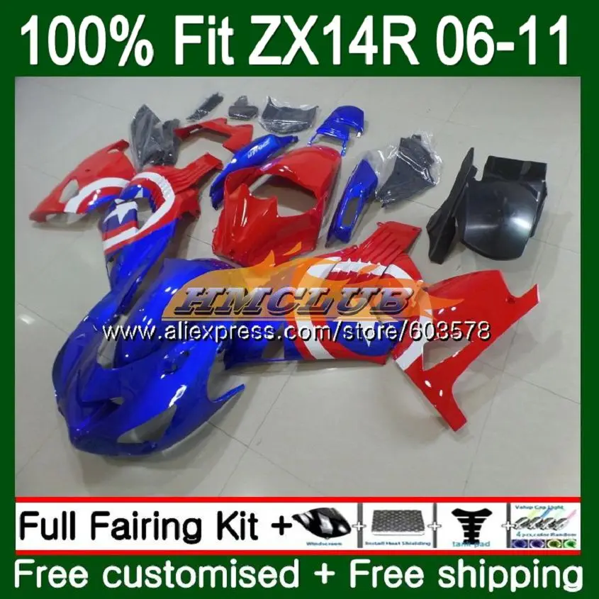 No. 1 Инъекции для KAWASAKI ZZR1400 ZX 14R 2006 2007 2008 2009 2010 2011 113CL. 55 синего цвета со звездами ZX-14R ZX14R 06 07 08 09 10 11 обтекатель - Цвет: No. 1
