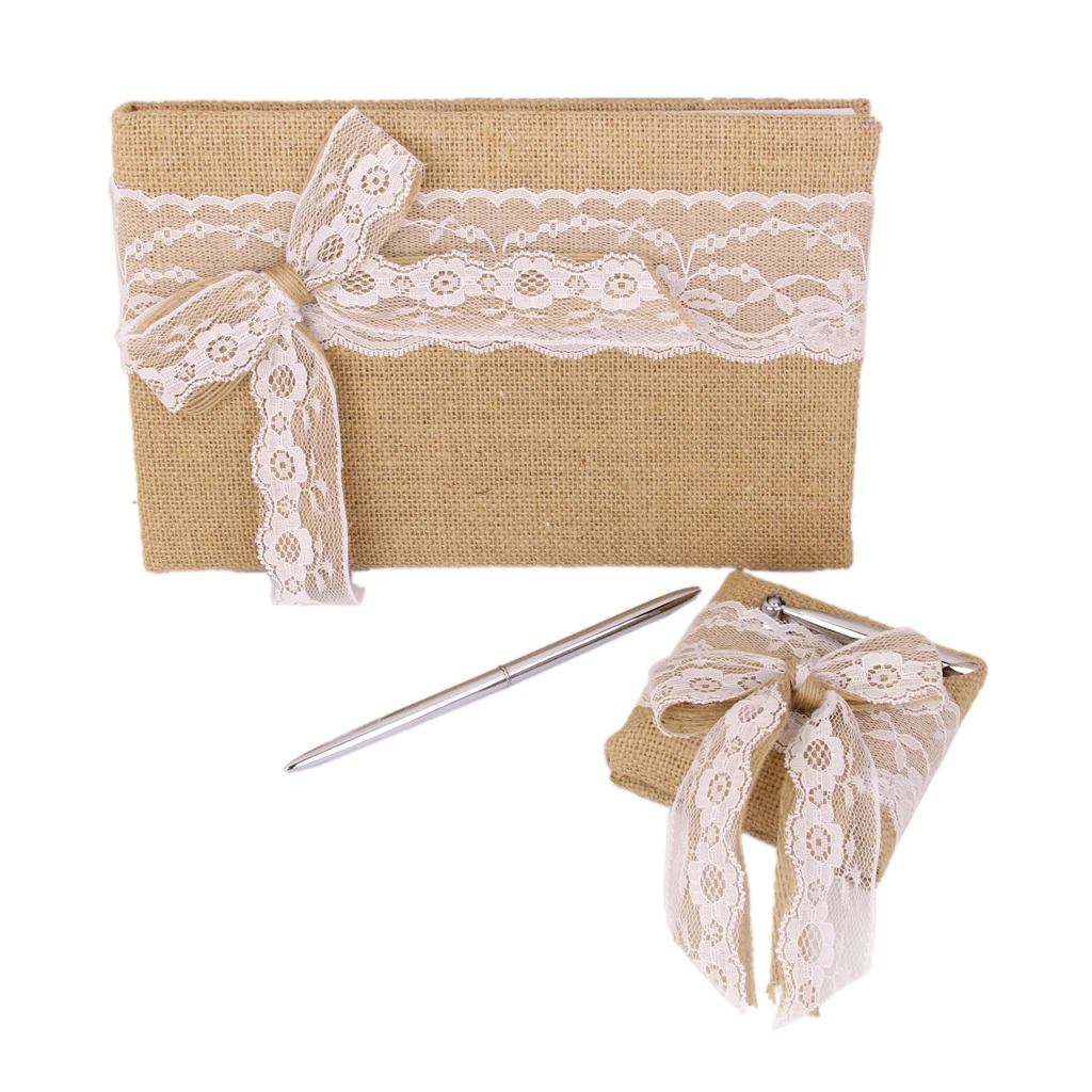 Rustic Chic Burlap Hessian Jute Wedding Guest Book & Pen Set W.Lace Bowknot