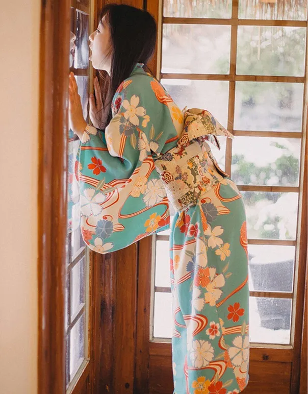 Женская традиционная юката, японское кимоно, халат, платье для фотосъемки, костюм для косплея, небесно-голубой цвет, цветочный принт, винтажная одежда