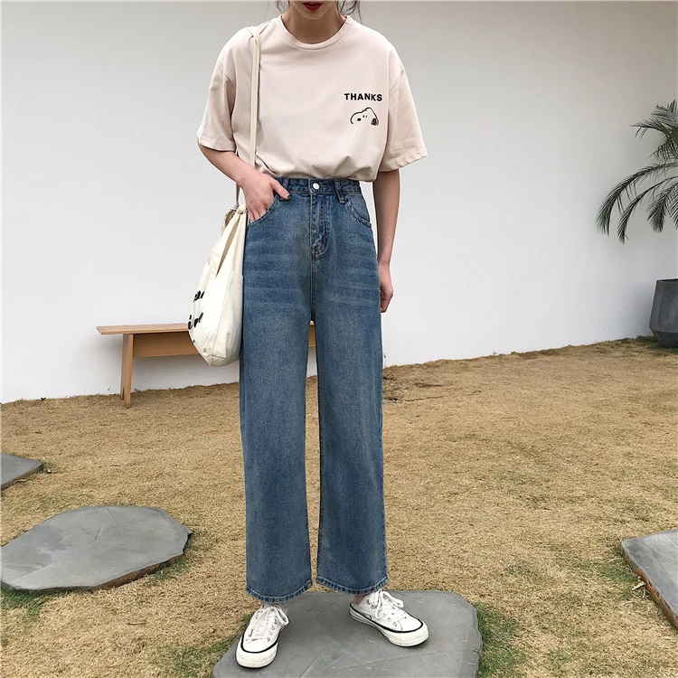 Photo Shoot Spring And Summer Korean-style Hong Kong Flavor Retro BF Style Casual High-waisted Students Loose Straight Wide-Leg
