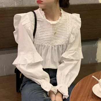 

White Ruffles Pleated Blouse Shirts Woman 2020 Spring Summer Long Sleeve Tops Elegant Office Ladies Oversize Casual Shirts Korea
