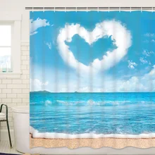 

Valentines Day Shower Curtain Clouds Heart Lover Ocean Beach Bathtub Screen Waterproof Bath Curtains with Hooks Bathroom Decor