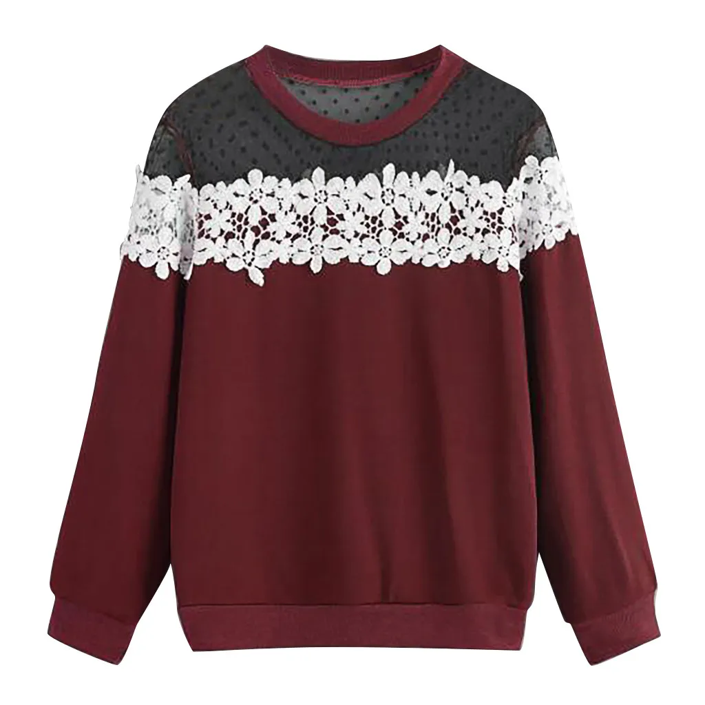 

SAGACE Fashion Women O-Neck Solid Appliques Long Sleeve Lace Sweatshirt Top Polyester Casual Patchwork Sweatshirt hot August 24