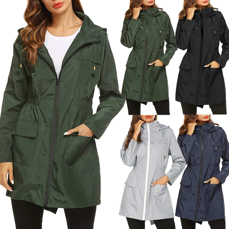 Женская ветровка туристическая со шнуровкой плащ с капюшоном пальто уличная длинная походная спортивная куртка легкая теплая верхняя одежда Походное пальто