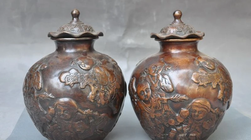 " помечены Китай Бронзовая мальчик игра статуя Weiqi Танк Go jar горшок канистра пара