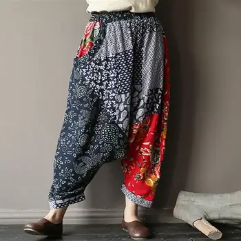 

Women Causal Print Hippy Baggy Boho Elastic Cross Pants Loose Trousers Lantern Wide Leg Cotton Linen Harem Pants