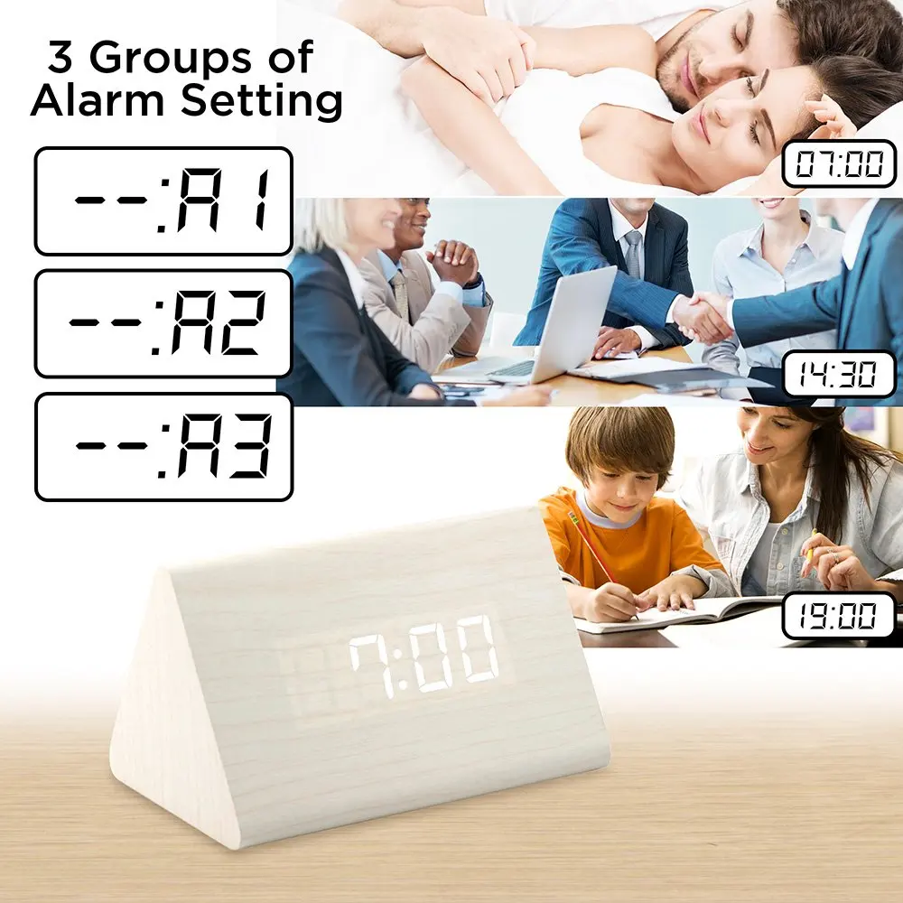 Sound Control Wooden Clock 3Group Alarm Desk Clock 3Level Brightness Adjustable Wakeup Light With Time Date Temperature Display