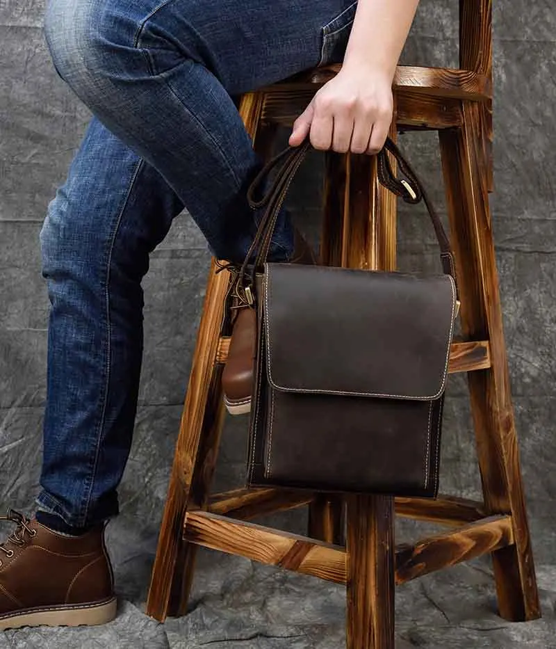 Men's Small Vintage Leather Messenger Bag with Zipper