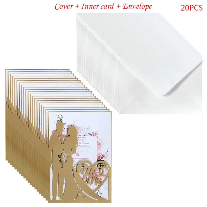  2019 20pcs/set Laser Cut Mr & Mrs Wedding Invitations Card Invite Envelopes Kit Bridal Shower Engag - 4.0001E+12