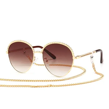 

1980ss Modern Round Lens with Chain Sunglasses Celebrity Fashion Street Sun glasses Rope Golden Metal Frame Shading Glasses