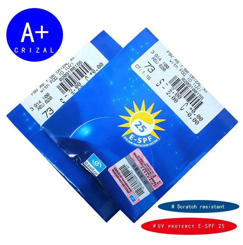 1.74 Essilor CRIZAL A4 Anti-blue light lenses UV proterct E-SPF 25 Scratch resistant and Dust repellent 1.67 lenses with Fog ID