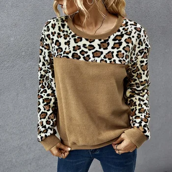 

Ladies Fleece Sweater Autumn Winter Round Neck Leopard Print Color Block Long Sleeve Loose Casual FashionTop