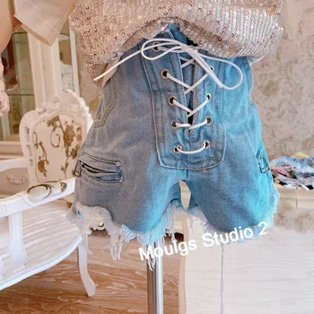 

Summer girls hot shorts baby mini jeans kids denim shorts children bottoms streetwear ins zipper crop lacing tassel 2-8 shorts