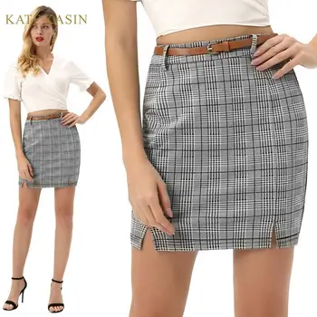 

Kate Kasin Women's Plaided Mini Skirt With Belt Office Lady Hips-Wrapped Front Split Stretchy Skirts Short Bodycon Pencil Skirt