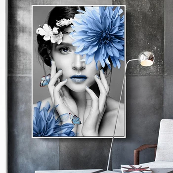 

Nordic Blue Flowers Beauty Model Canvas Prints Woman Posters Wall Art Canvas Paintings Pictures Girls Bedroom Home Decoration