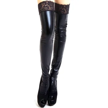 

Hot Sale Wholesale Women Sexy Lady Wet Look Faux Leather Thigh High Stockings Lace Stay-Up 3 Colors New