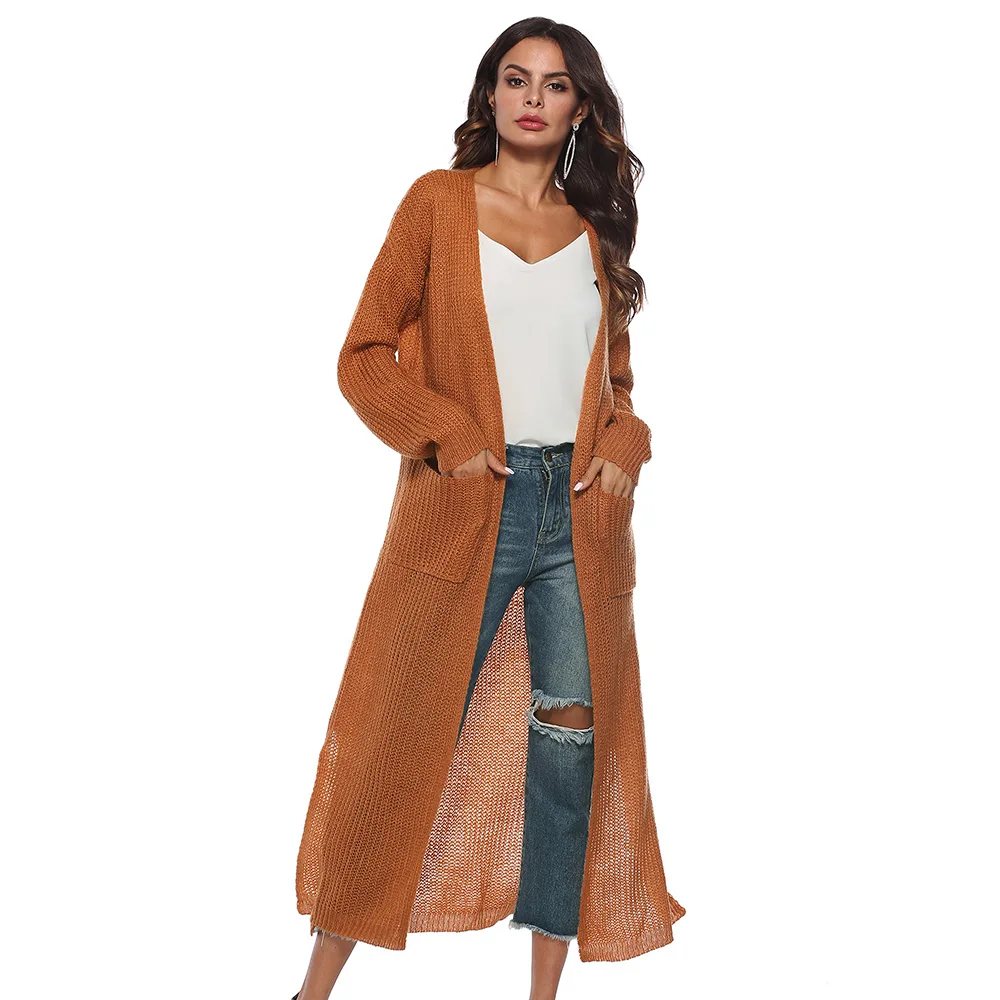 Joineles Autumn Winter Knitwear Women Sweaters Side Split Solid Color Casual Long Cardigans With Two Pockets Jumper Pull Femme |