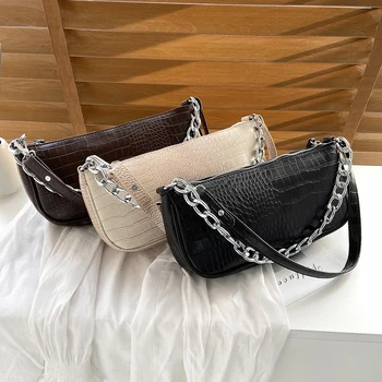 

Retro Fashion Alligator Pattern PU Leather Underarm Bags For Women Casual Pure Color Female Chain Shoulder Handbags