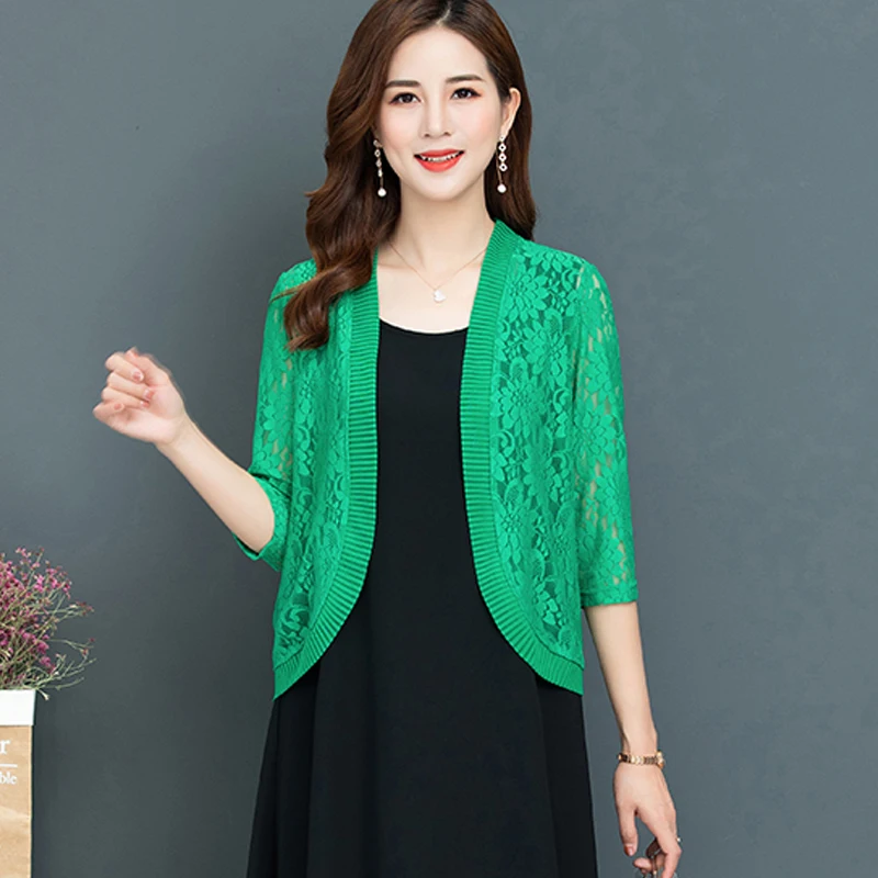 

2020 summer sunscreen casual female jacket large size short section solid color shawl 3/4 sleeve jacket lace cardigan thin jacke