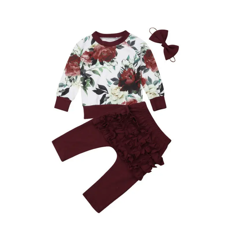 

3PCS Set Newborn Baby Girl Clothes Fall Autumn Kids Long Sleeve Floral Tops Ruffles PP Pant Trouser Headband Outfit Clothing Set