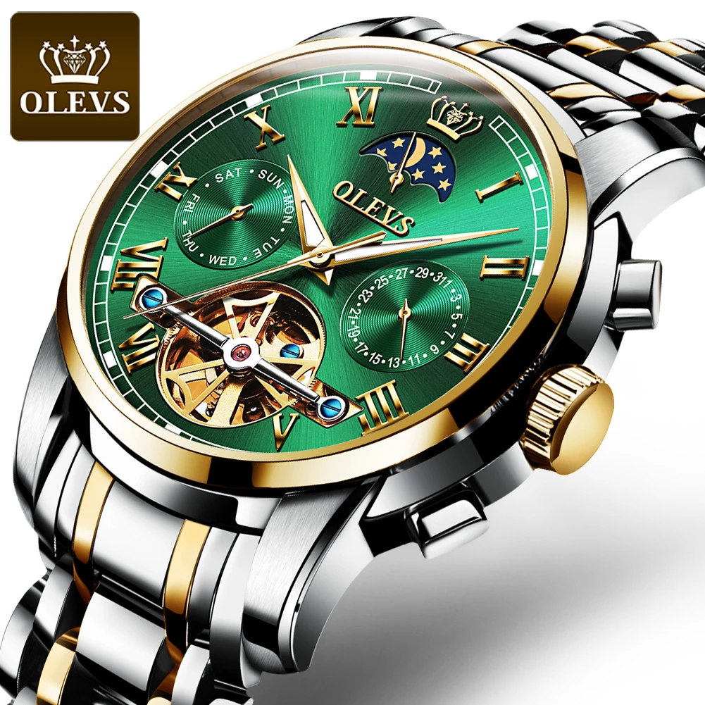 luxury mechanical watch OLEVS Top Brand Men Watch Automatic mechanical watch Dress Luxury moon light phaseTourbillon Wristwatch Gifts for Male mechanical pocket watch
