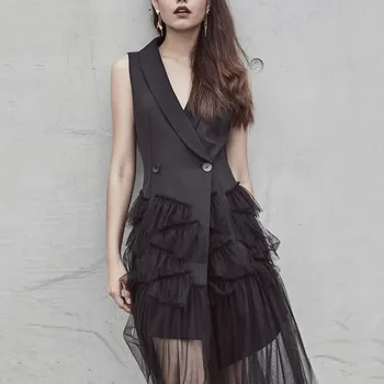 

Women V-Neck Sleeveless Blazer Dress Fashion Mesh Patchwork Suits Vest Dress Vintage Party Dresses