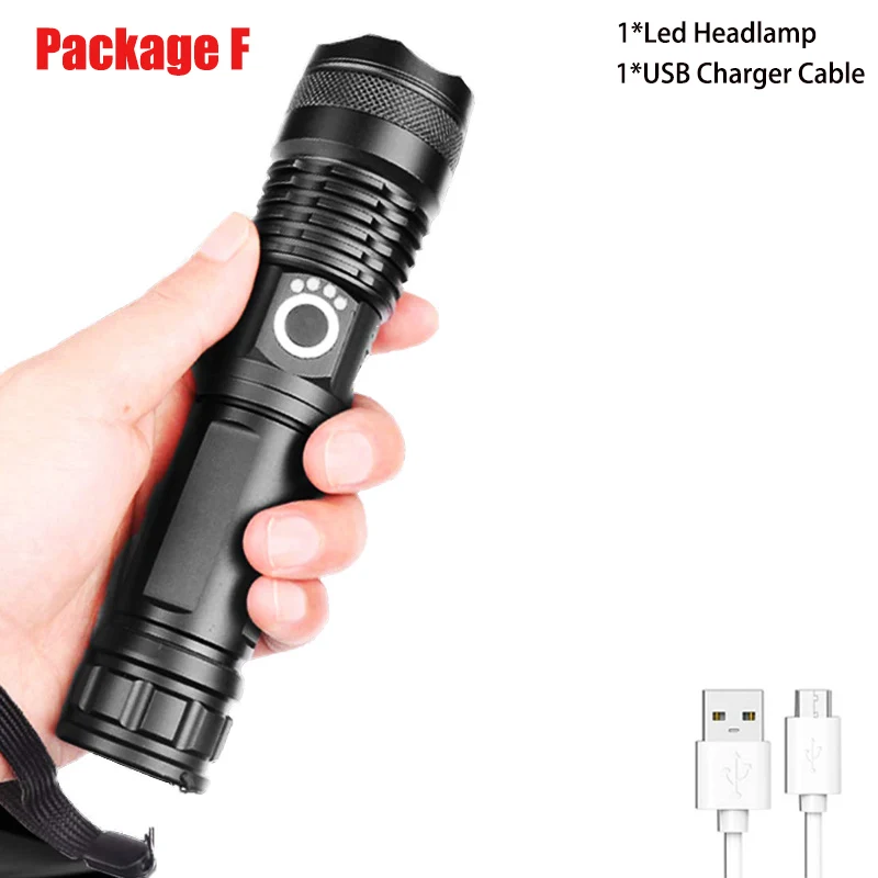 T20 LED Flashlight XHP70.2/XHP50 Powerful LED Torch High Lumens Adjustable Focus USB Rechargeable Handheld Light for Outdoor - Испускаемый цвет: XHP50  F