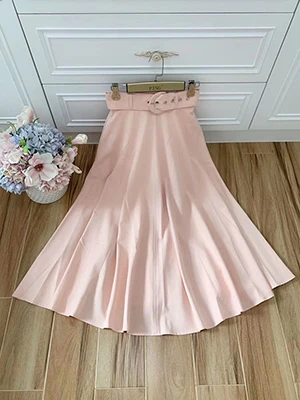 Ziwwshaoyu Женская Осенняя дизайнерская Высококачественная длинная юбка из пеньковой пряжи, женская модная трапециевидная Однотонная юбка с поясом - Цвет: Розовый