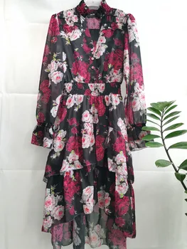 

Women Flower Printed Irregular Ruffle Dress 2020 New Spring Summer Long Sleeve V Neck Female Bohemian Midi Dress