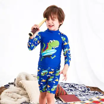 

1 Set Children Cartoon Dinosaur Printed Swimsuit Separated Type Swimming Clothes Trousers Long Sleeve Sun-Proof Swimming Clothes