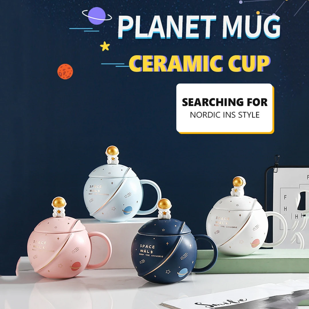 

400ML New Astronaut Planet Mugs Cartoon Ceramic Cup Round Creative Personality Gift Cup Drinking Cups Set Coffee Mug with Lid