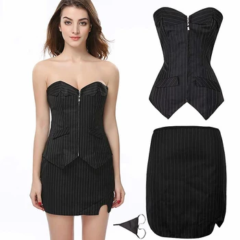 

Black Pinstripe Strapless Corset Dress Suit Gothic Women Zipper Sexy Outfit Plus Size Office Lady