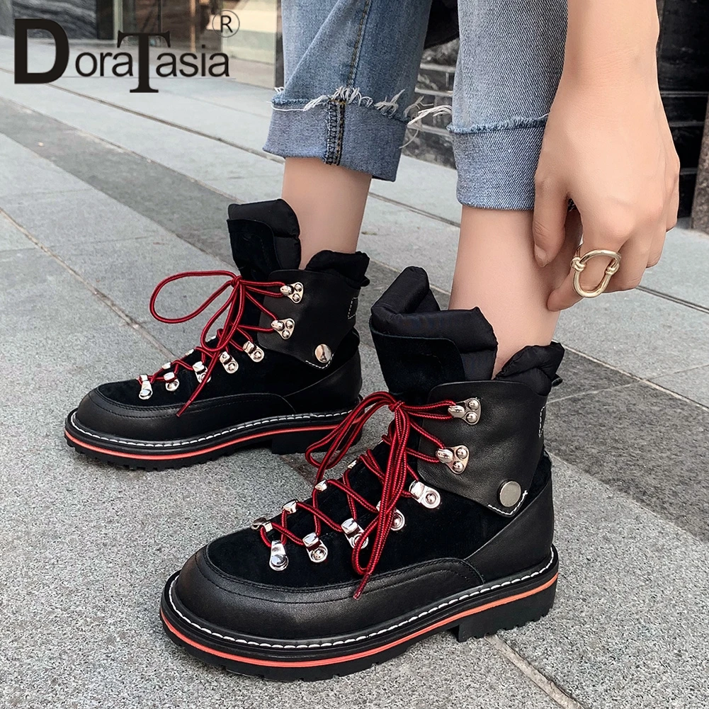 

DORATASIA Brand New women's Genuine Leather Metal Decoration Lace Up Shoes Woman Casual Autumn Winter Chunky Heels Ankle Boots