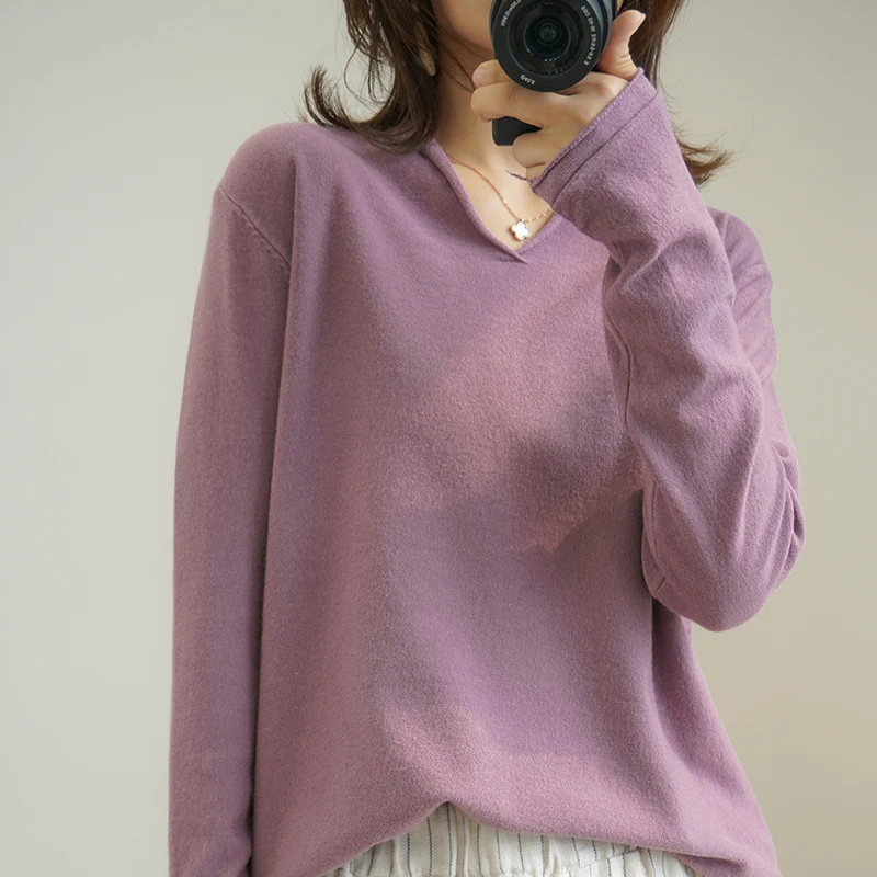 Осенний вязаный женский свитер Повседневный эластичный искусственный капюшон с v-образным вырезом Модный стильный женский пуловер осень весна Топы - Цвет: Фиолетовый