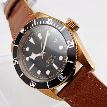 

Automatic Men Watch 41mm Bronze Coated Case Date Window Sapphire Glass Rotating Bezel Leather Strap