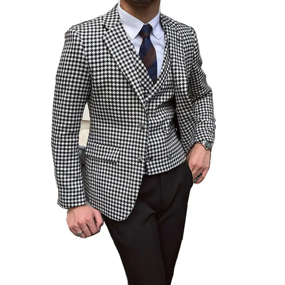 Mens Suits Men's Houndstooth Blazer and Houndstooth vest for Wedding Suits Formal Tweed Tuxedos Made Man Suits Jacket+pants+vest mens suits