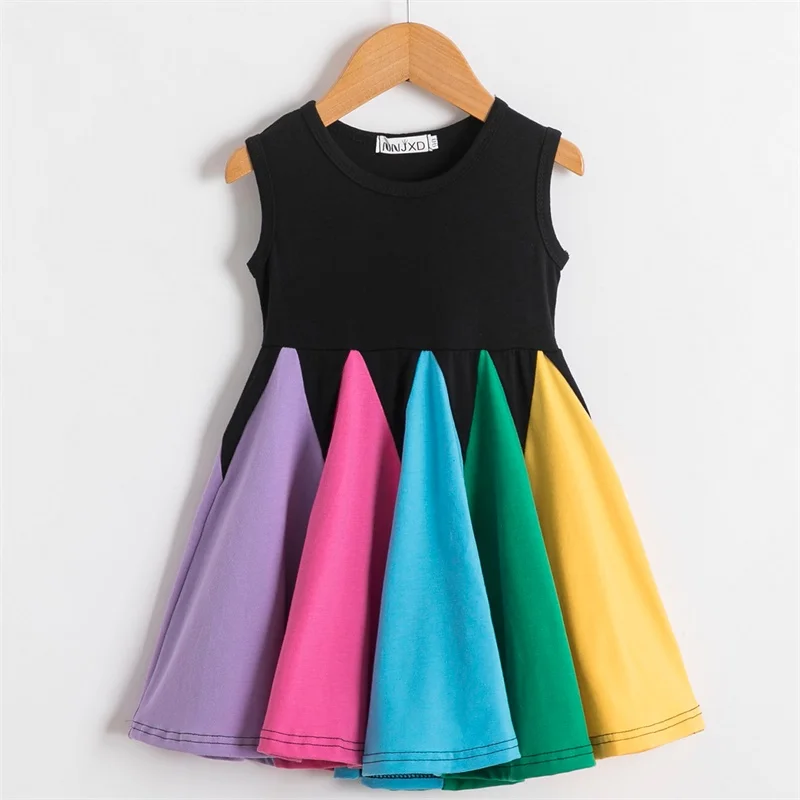 Girls Dress 2022 Summer Fashion Girls Princess Dress Rainbow Color Short Sleeve Cotton Patchwork 2-6T Girls Voile Tutu Dresses children dress