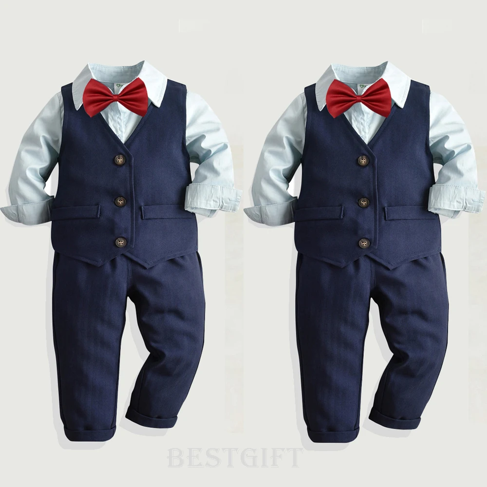 Костюм для маленьких мальчиков, рубашка с длинными рукавами+ жилет+ галстук-бабочка+ штаны, деловой костюм джентльмена из 4 предметов, одежда для мальчиков 1-7 лет