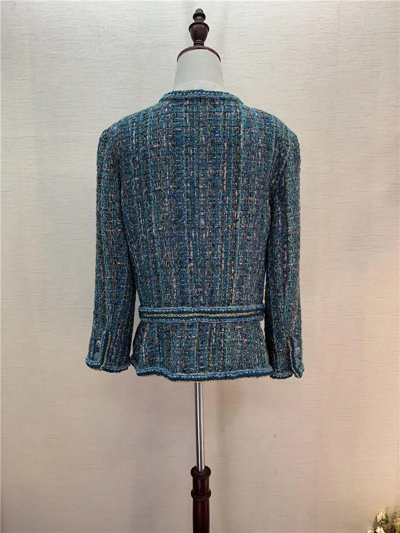 Осенняя Куртка женская твидовая куртка Новая высококачественная подкладка с шелковым павлином синяя куртка длинный рукав отделка карман