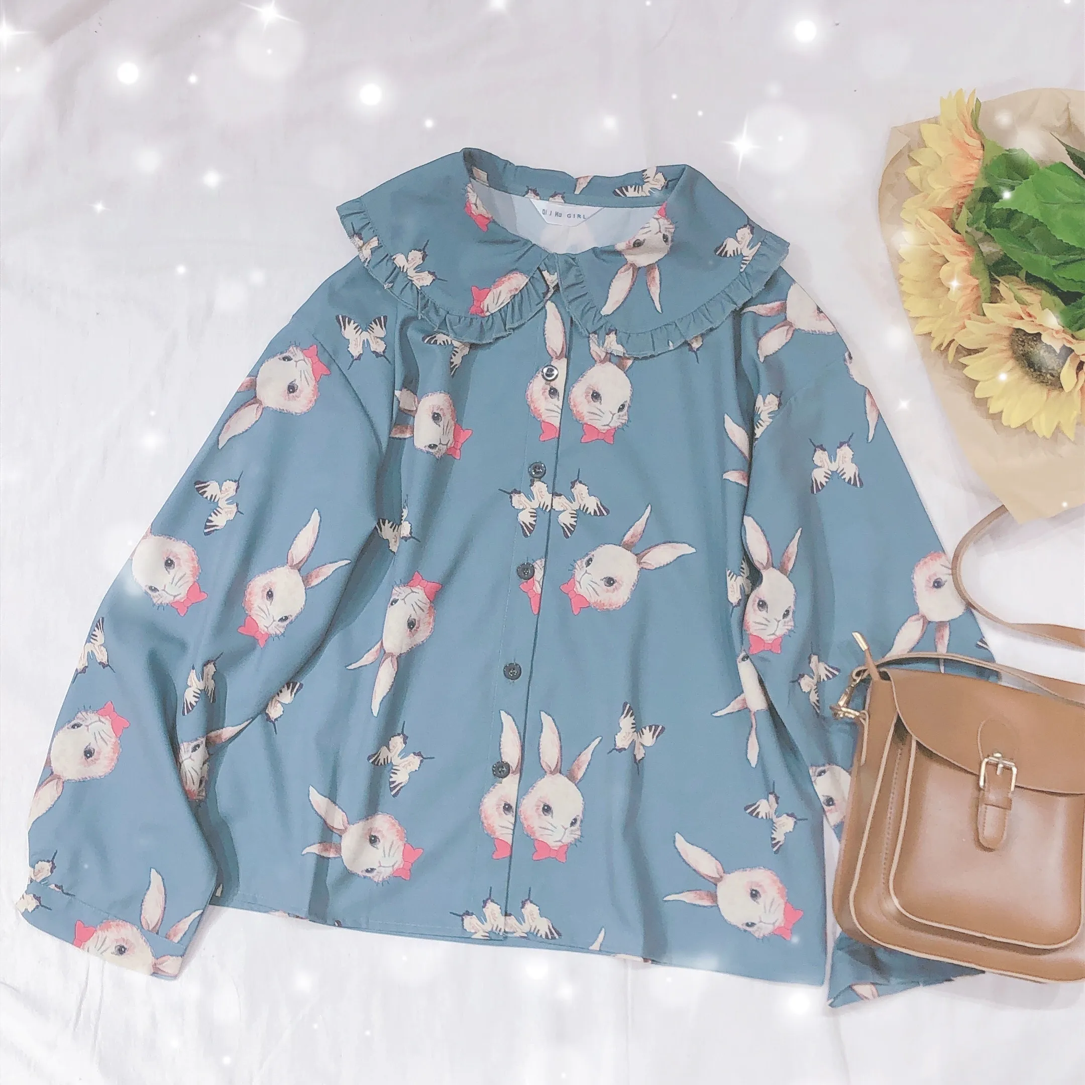 

Women Small fresh Soft Sister Cartoon Rabbit Print Blouse Autumn Young Girl Student Doll Collar Long sleeve Blouse Shirt Tops