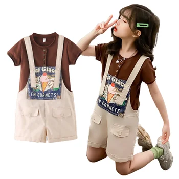 

2020 New Girls Summer Short Sleeve T Shirt+Overalls Clothing Sets Girls Cotton Clothing Suit Kids Clothing girl outfit set 3-12T