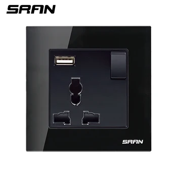 

SRAN 3 hole universal wall power socket with USB fast interface + light switch tempered glass panel 86*86mm usb outlet